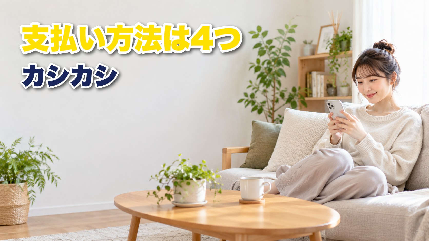 ソファでスマートフォンを見ながらくつろぐ女性